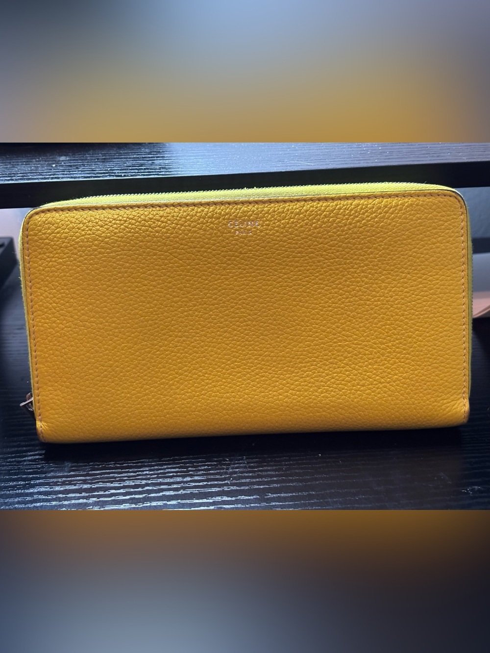 Authentic Rare Old Céline Large Zipped Wallet Grained Calfskin Yellow EUC